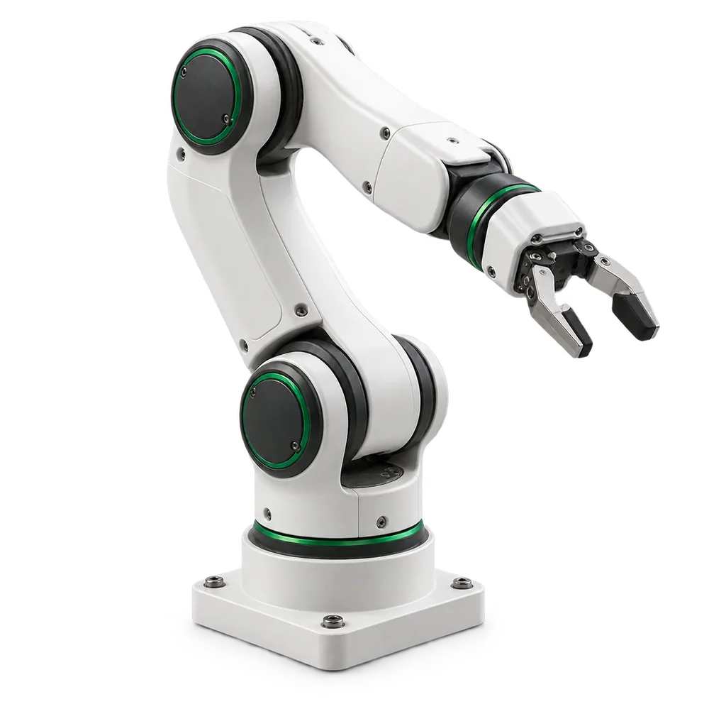White robotic arm with green joints